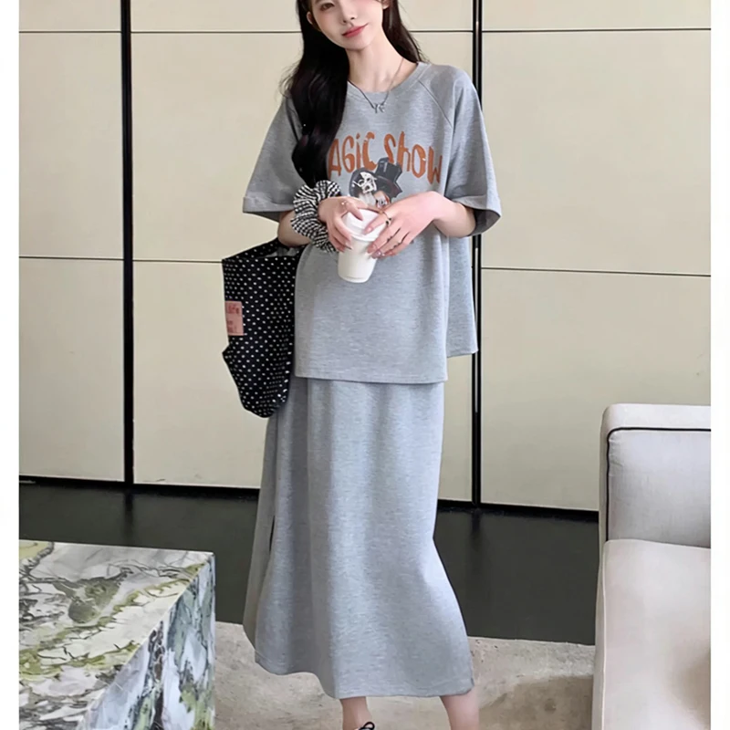 여름 임산부 세트 루즈핏 반팔 티셔츠 상의와 스커트 투피스 캐주얼 면 원피스 임산부를 위한 편안한 의류