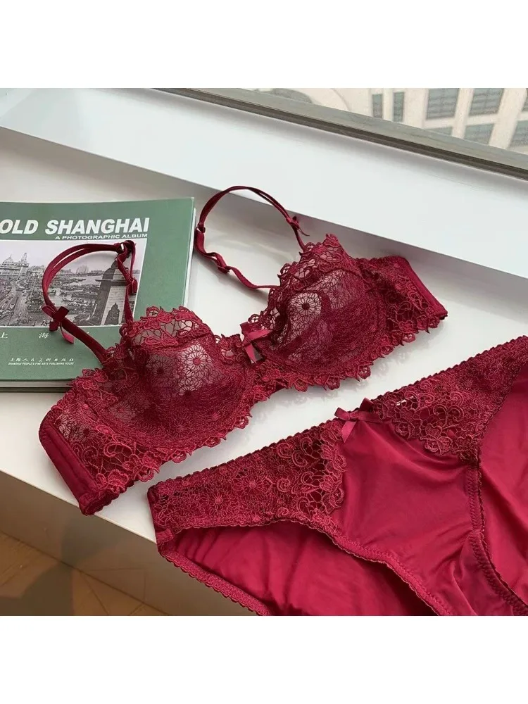 Ensemble de lingerie sexy en dentelle pour femmes grandes tailles, demi-bonnet, ultra-fin, avec cache-tétons, lingerie érotique push-up confortable.
