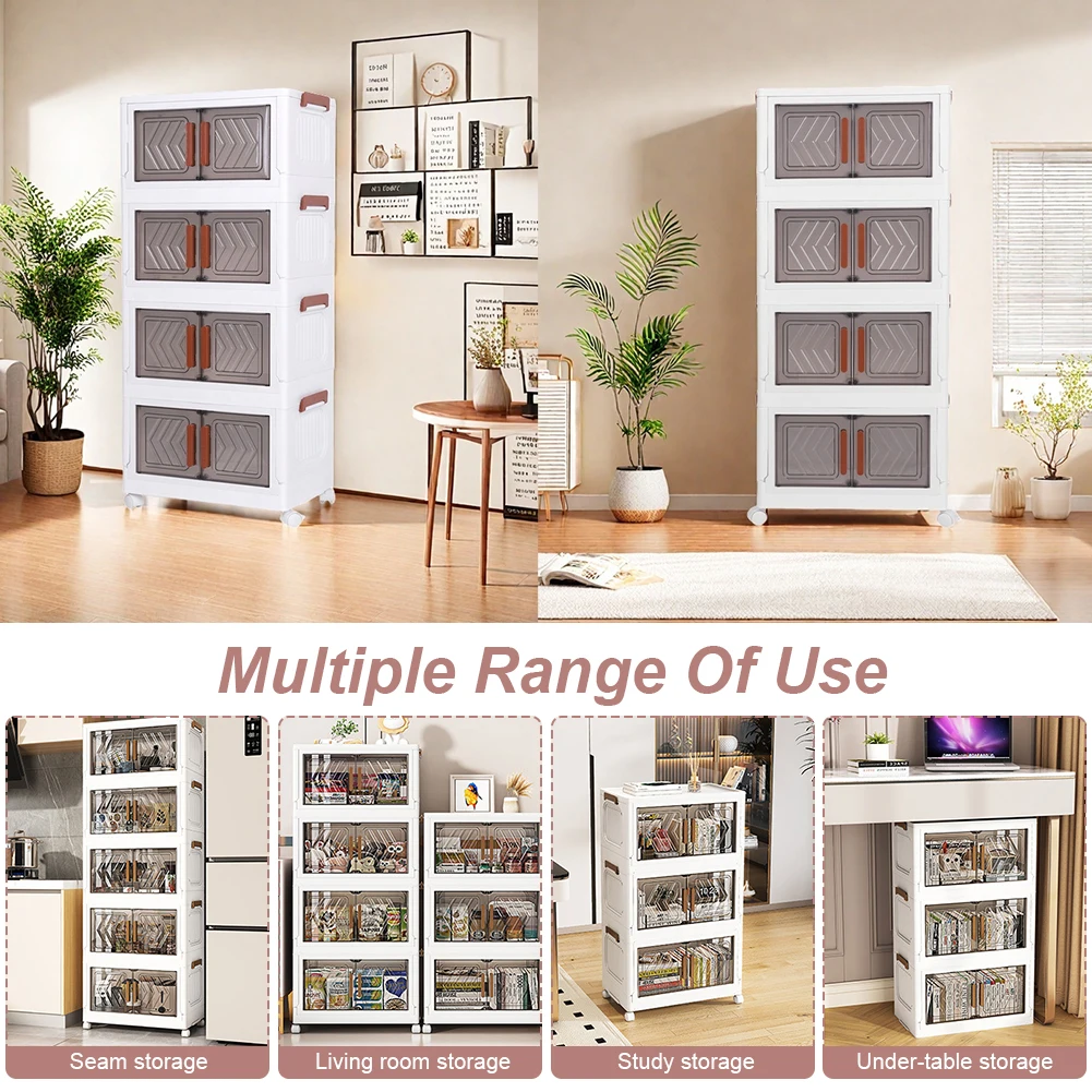 4 Tier Plastic Storage Box with Doors & Wheels Folding Storage Boxes Stackable Closet Organizers for Living Room Bedroom Office
