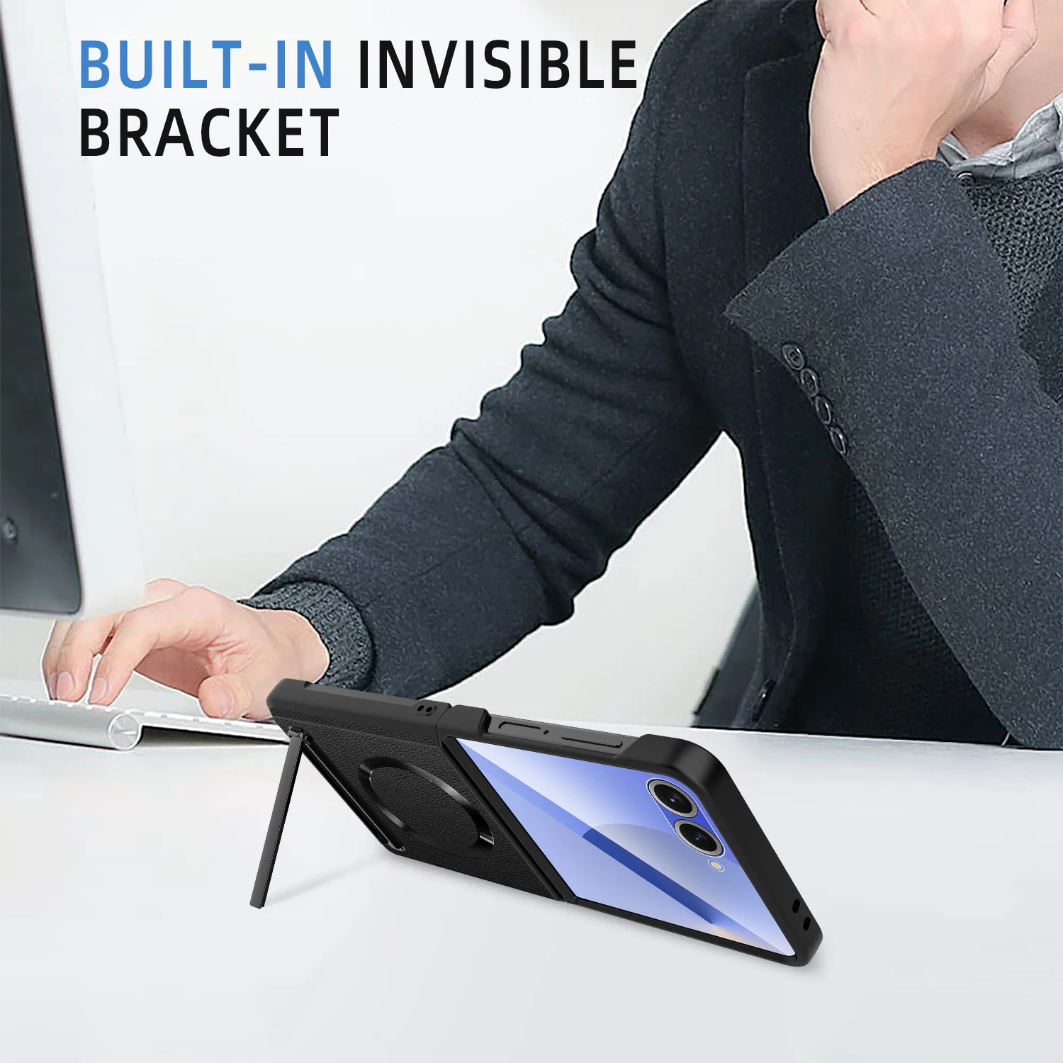 Magnetic Wireless Charging Kickstand Phone Case with Hinge Protection and Leather Cover