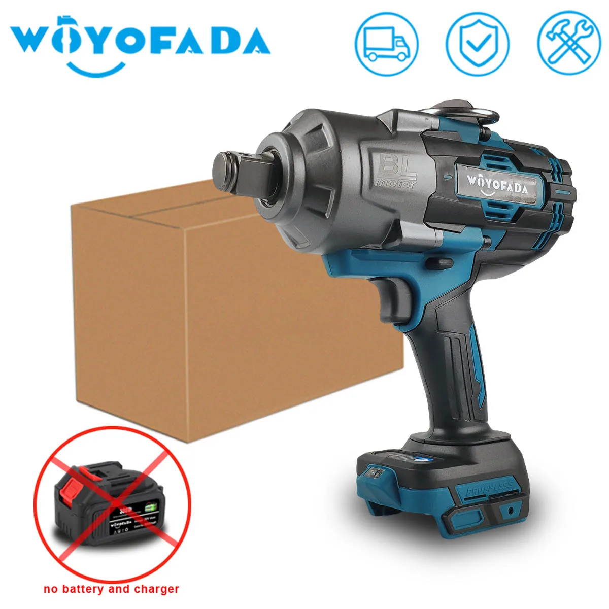 

WOYOFADA 2100N.M Brushless Cordless Electric Impact Wrench Rechargeable 3/4" Power Tools compatible Makita 18V Battery