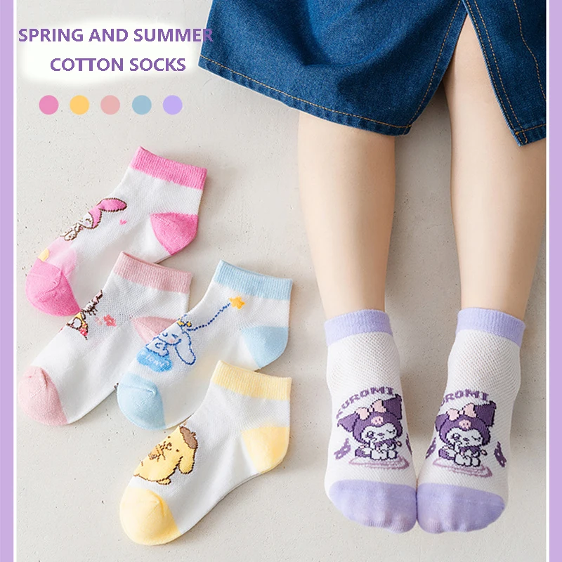 5 Pairs /lot Hello Kitty Cotton Socks Anime Sanrio Kuromi Summer Breathable Mesh Socks Cinnamoroll Cartoon Socks Children 1-12Y images - 6