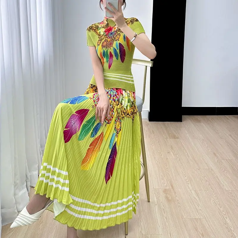 Women's Sets 2 Pieces Set Short Sleeve Top Pleated Long Skirt Woman Clothing Printed Retro Corn Grain Summer New Design Slim