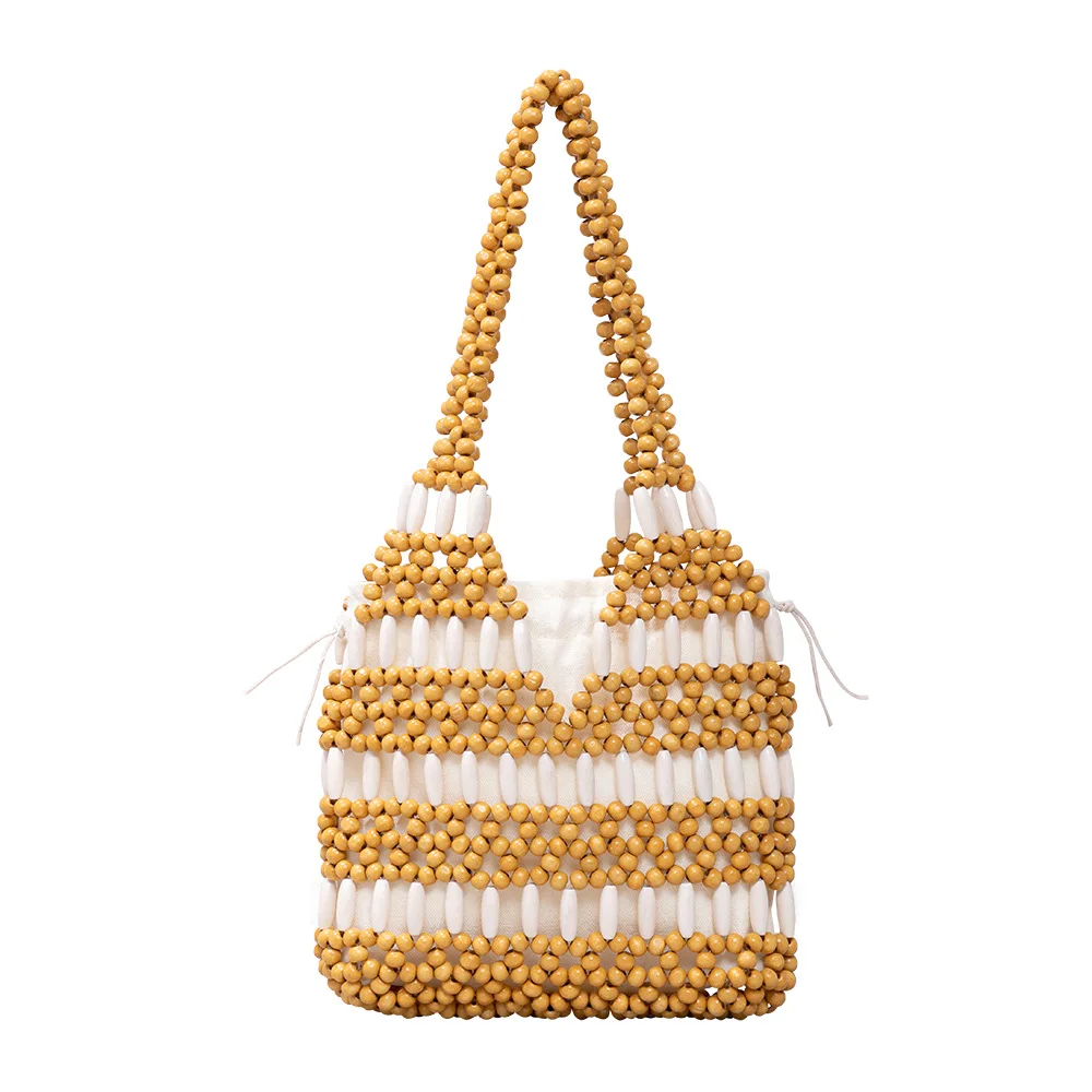 

Unique design maple handbag women's bag niche design commuter bag cross-border fashion wood bead woven bag handbags