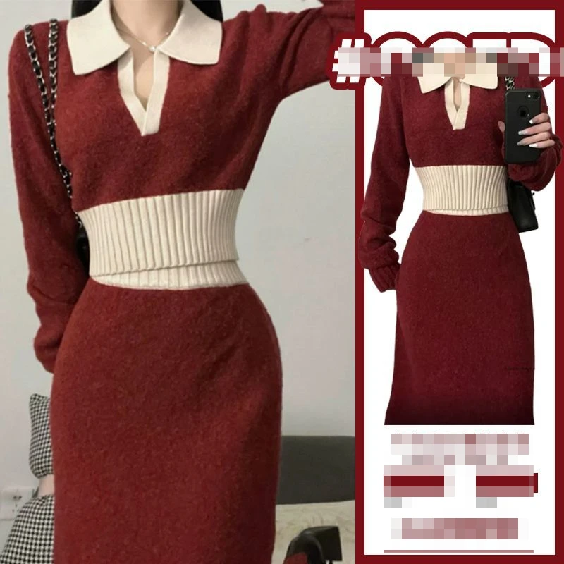 

A Complete Set of Autumn and Winter New Salty and Sweet Korean Drama Knitted Cropped Tops with Skirts