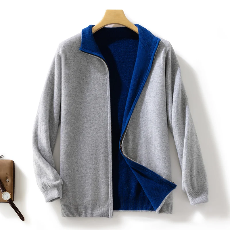 Autumn Winter New Thickened Cashmere Coat Men's Front and Back Standing Neck Zipper Cardigan 100% Merion Wool Knitted Jacket Top 4