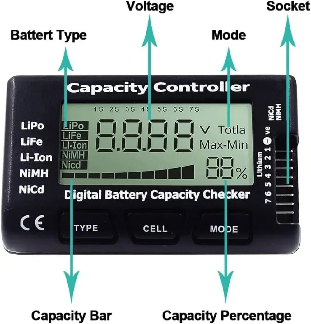 Tester Digitale di Capacità della Batteria, Misuratore di Tensione RC per Pacchi Ricaricabili LiPo, LiFe, Li-Ion, NiMH, NiCd - immagine 3