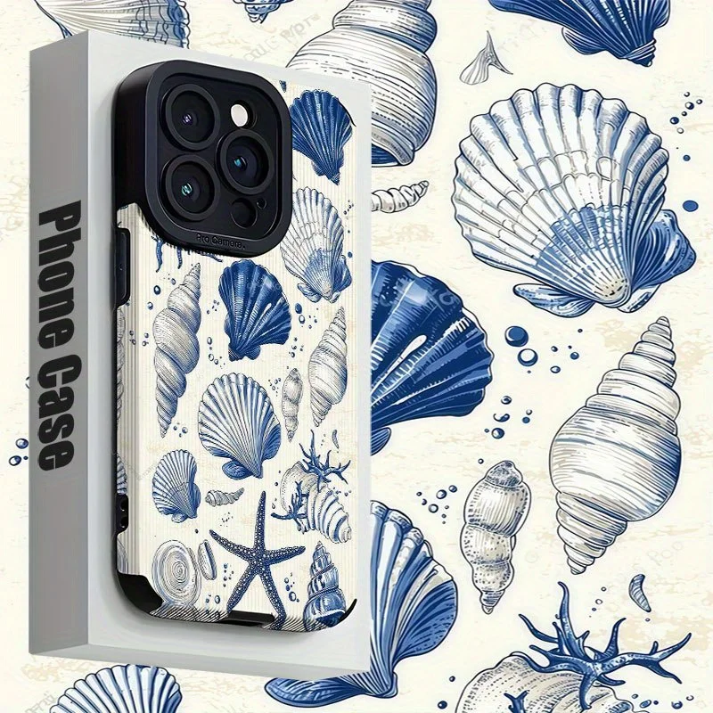 Blaue weiße Ozean-Shell-Schaffell-Leder-Handyhülle für iPhone 17 16 16e Air 15 14 13 12 11 Pro XS Plus Max X XR Kamera schützen