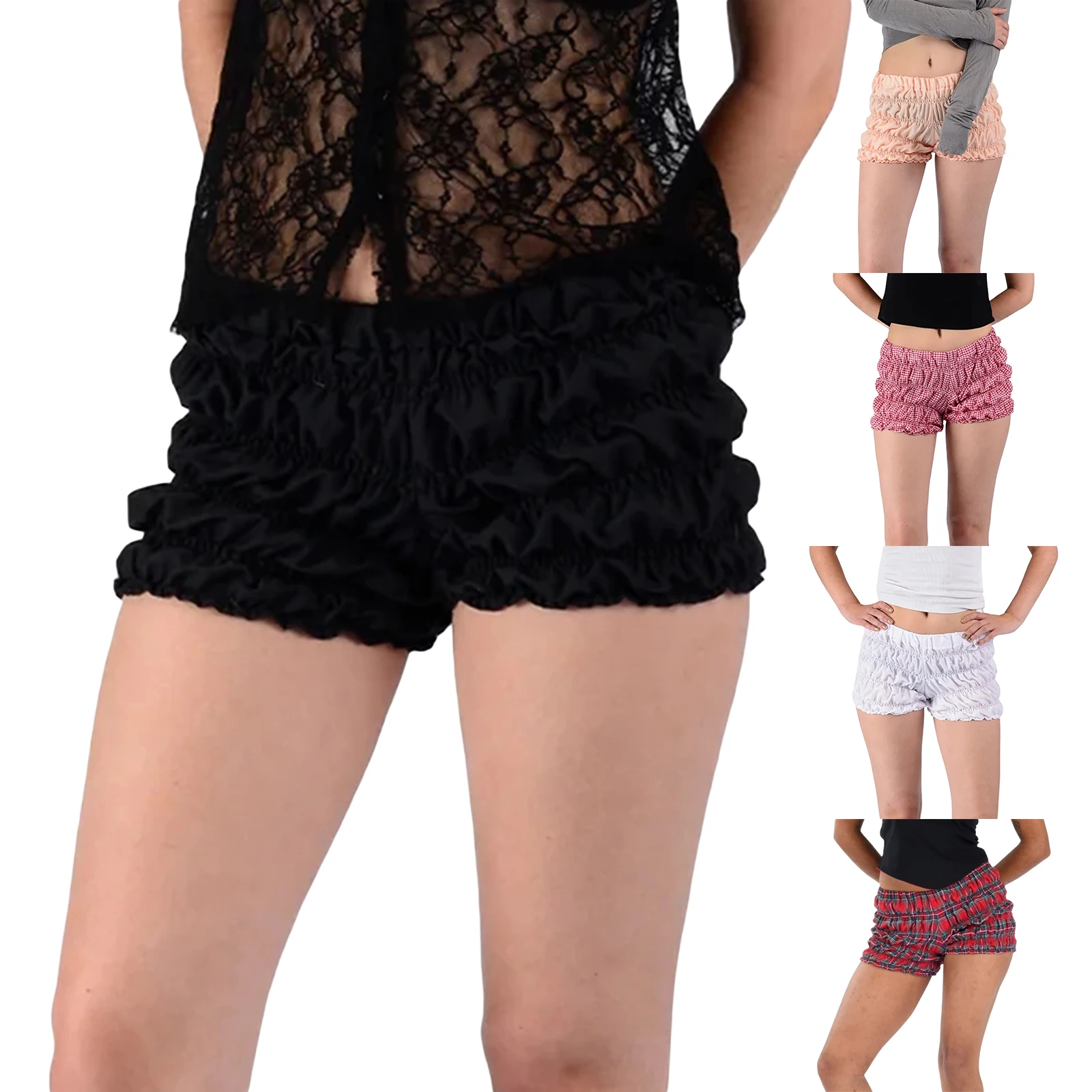 

Combhasaki Women Y2K Vintage Summer Cute Kawaii Plaid Print Shorts Low Rise Frill Tiered Slim Short Panties Lounge Sleep Bottoms