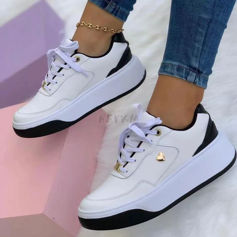 Zapatillas de deporte con punta redonda para mujer, zapatos planos con cordones, de fondo a la moda, talla 35 43, primavera otoño, | - AliExpress