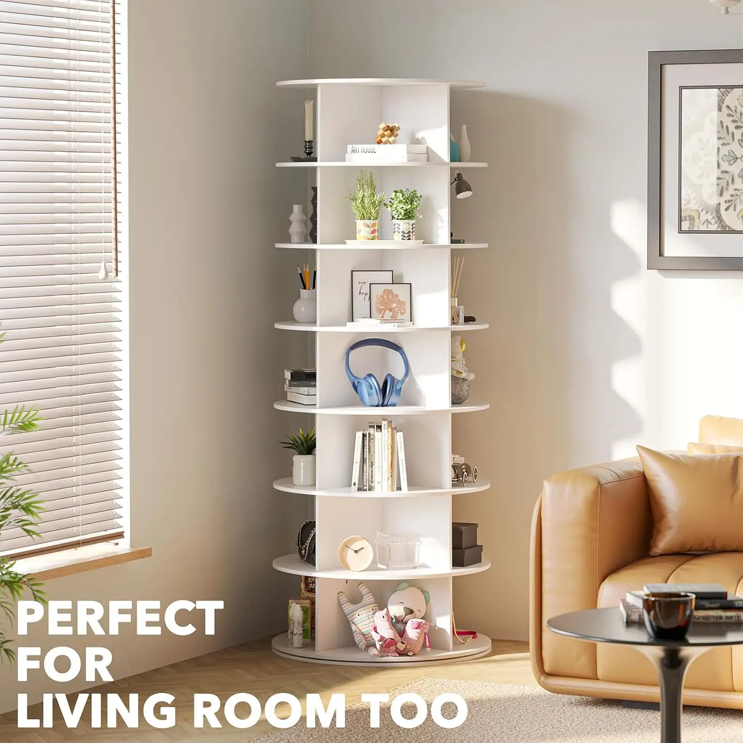 7 Tier Rotating Shoe Rack Tower Spinning Shoe Display Lazy Susan, Revolving 360 Rack Storage Round Carousel White