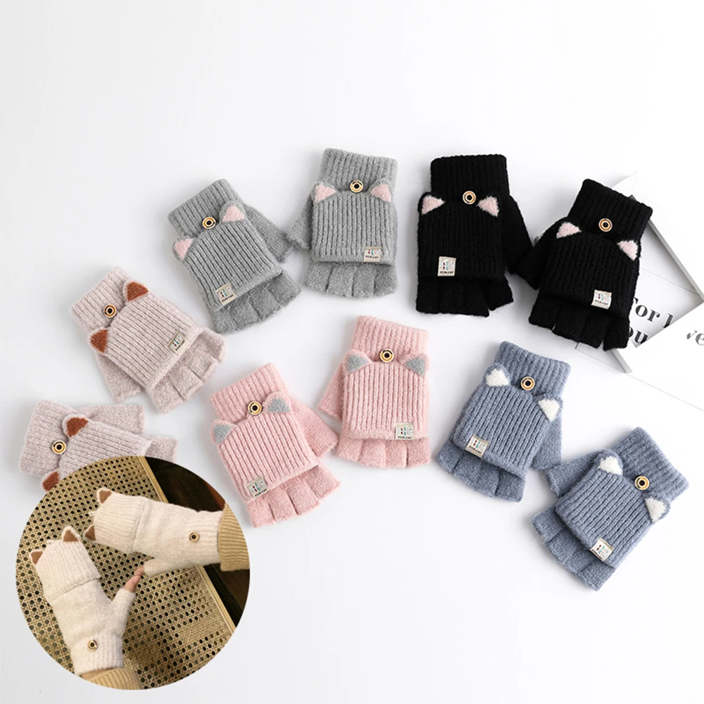 

Winter Women Knitted Wool Glove Cat ears Flip Fingerless Gloves Exposed Finger mittens Girls Thick Flexible Half Finger Gloves