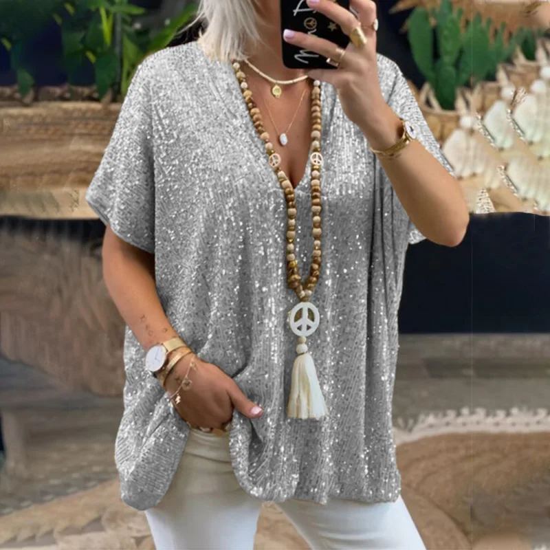 Retro New Sequins Ladies Elegant Short Sleeve Shirt Fashion V-Neck Loose Casual Women's  Pullover Shirt