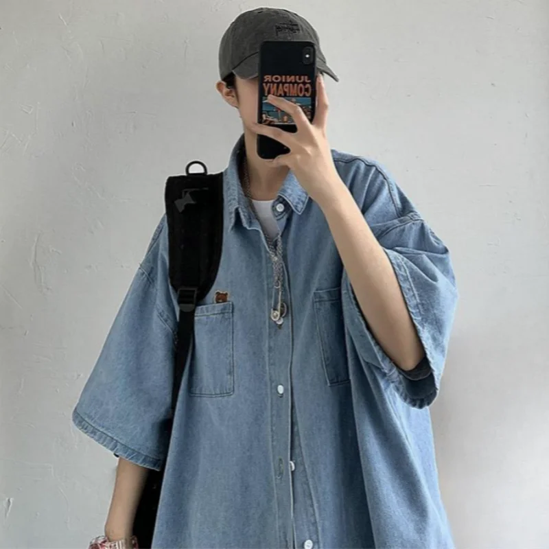 Men's Vintage Denim Shirt Summer Loose Fitting Half Sleeve Top High Street Fashion Handsome Versatile Lapel Shirt Jacket japanese fashion spring plaid shirt men long sleeve handsome all match casual loose summer oversized vintage harajuku shirt