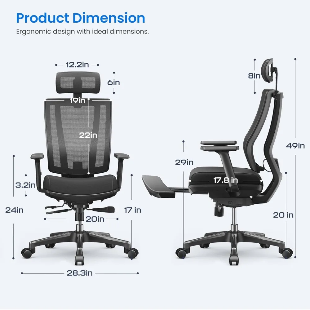 Ergonomic Office Gaming Chair with Footrest, Adjustable 3D Armrests & Lumbar Support, Mesh High Back