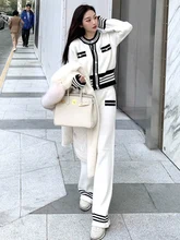  Elegant Knitted Suit Women Two Piece Set 2022 Spring Korean Sweater Cardigan And Fashion Wide Leg Pant Suit Chic Ladies Outfits 