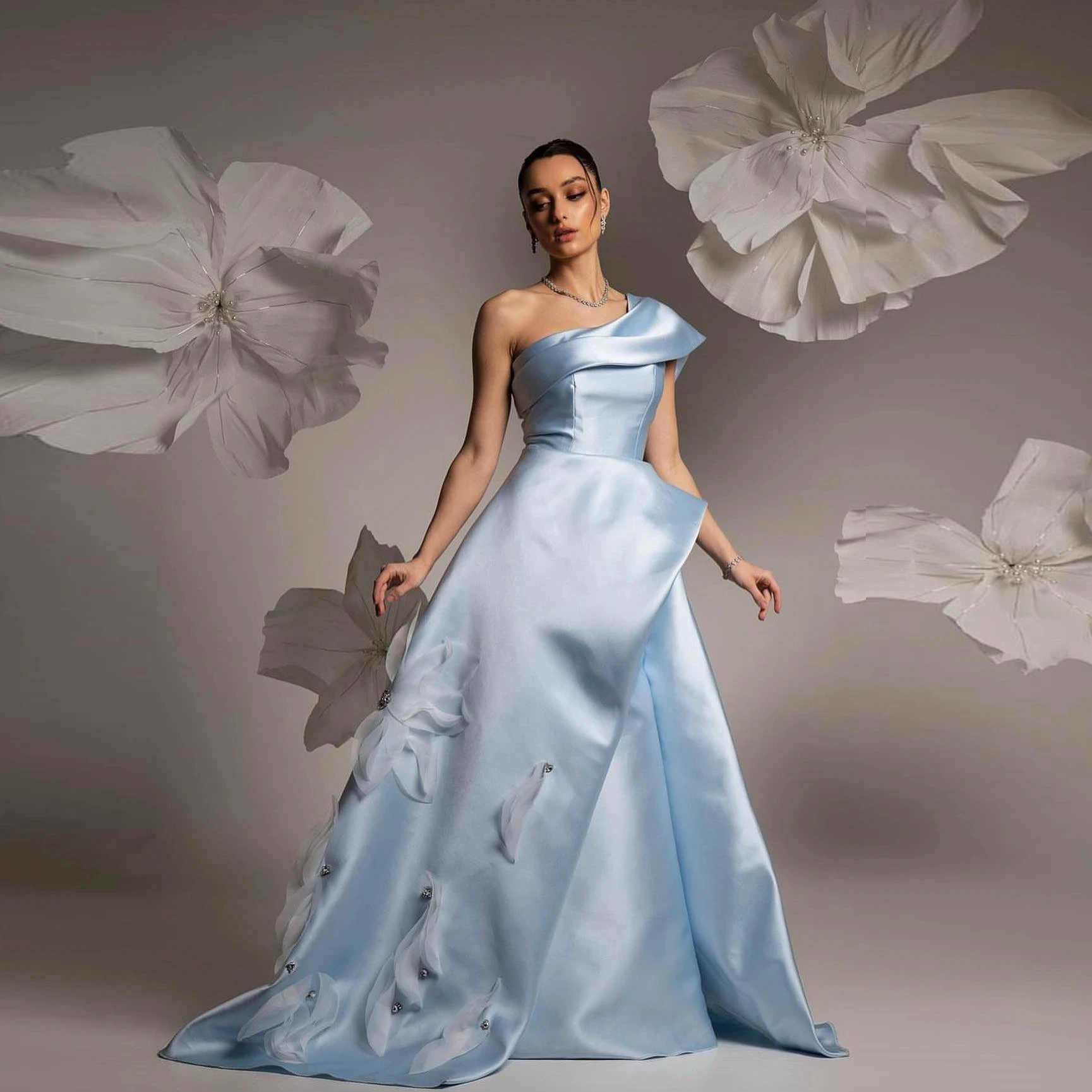 Aileen Blue Satin Elegant Lotus Leaf Flower A Line Women's Party Dress Woman Graduation Dresses for Prom Bride Formal Wedding