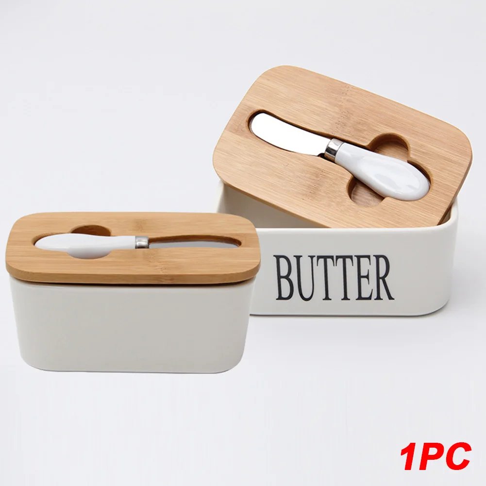 Nordic Butter Sealing Box Cheese Ceramic Storage Tray Sealing With Wood Lid Butter Box Dish
