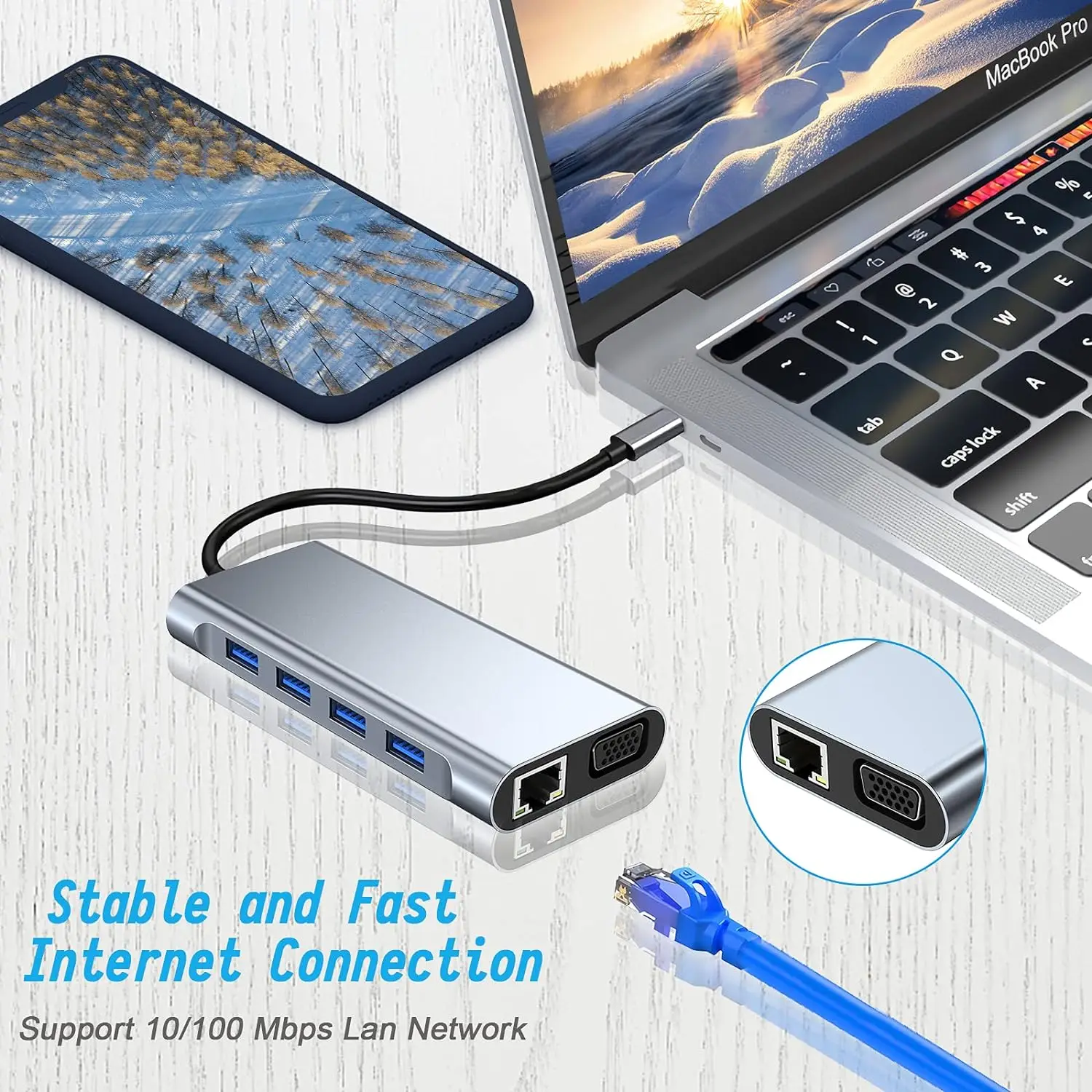 USB C HUB, USB C Adapter Dongle with 4K HDMI/VGA/Type C PD/RJ45/ SD/TF Card Reader For MacBook Pro/Air M1 iPad 5