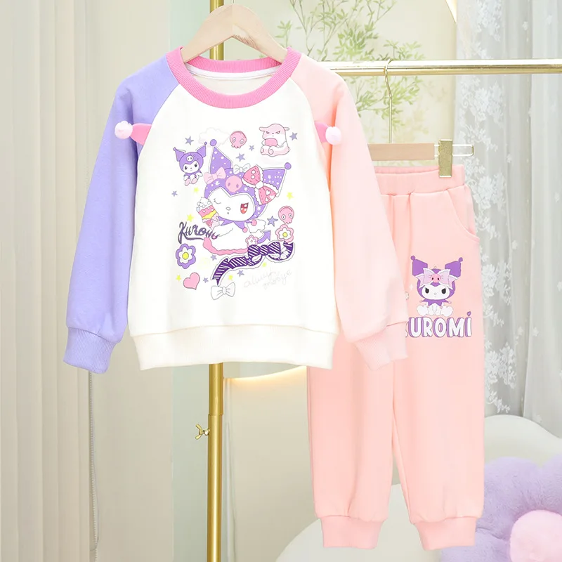 

Sanrio New Kuromi Girls Sweatshirt Autumn Suit Sanrioed Cartoon Trousers Long Sleeves Girl Kawaii Color Matching Two-Piece Set