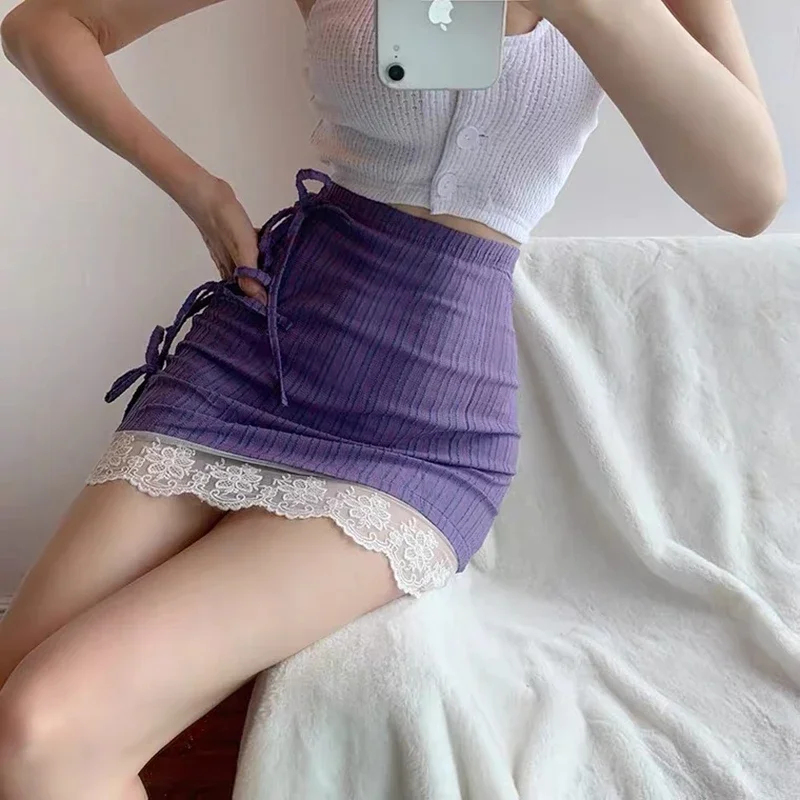 Summer Retro High Waist Strappy Skirt Y2k Feminine Lace Stitching Bag Hip Mini Skirt Purple E Girl Casual Skirt Faldas Harajuku anbernic rg351p 64gb retro game console purple