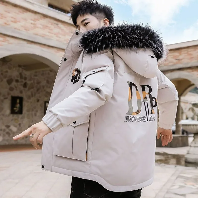 معطف مبطّن بالقطن  موضة جديدة للشتاء للرجال سميكة للشباب مقاس كبير سترات بقلنسوة متوسطة الطول ملابس خارجية غير رسمية متعددة الاستخدامات