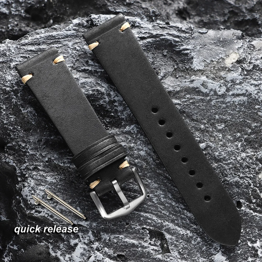 Vintage Brown & Black Handmade Cowhide Leather Watch Strap with Quick Release