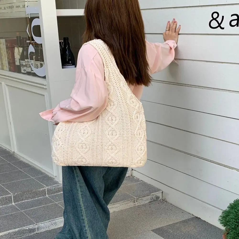 Hollow Women Shoulder Bags Retro Woven Solid Color Crochet Bag Large Capacity Shopping Tote
