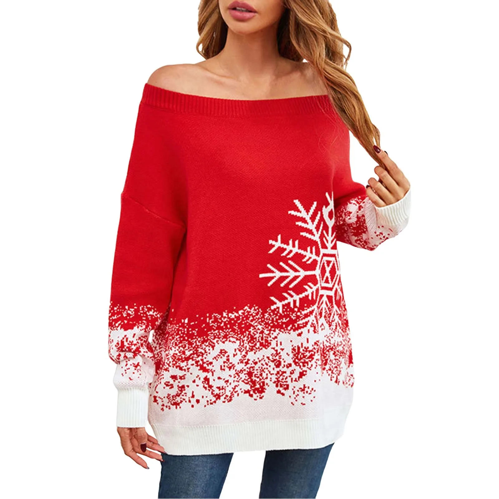 

Womens Thick Sweaters 2023 Autumn/Winter Christmas Casual One Line Neck Knitwear Popular Little Snowflake Christmas Sweater