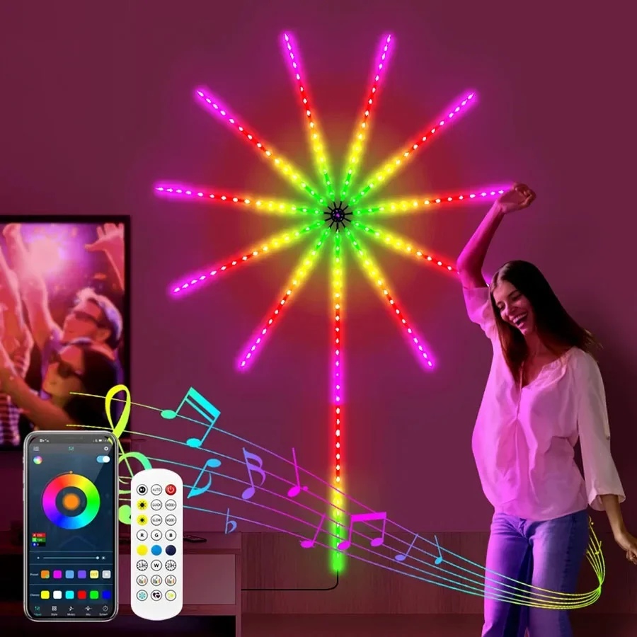 

App Controlled Fireworks LED Strip Lights Smart Dreamcolor Firework Lights with Remote 156 LED RGB Starburst Fairy Light for Wed