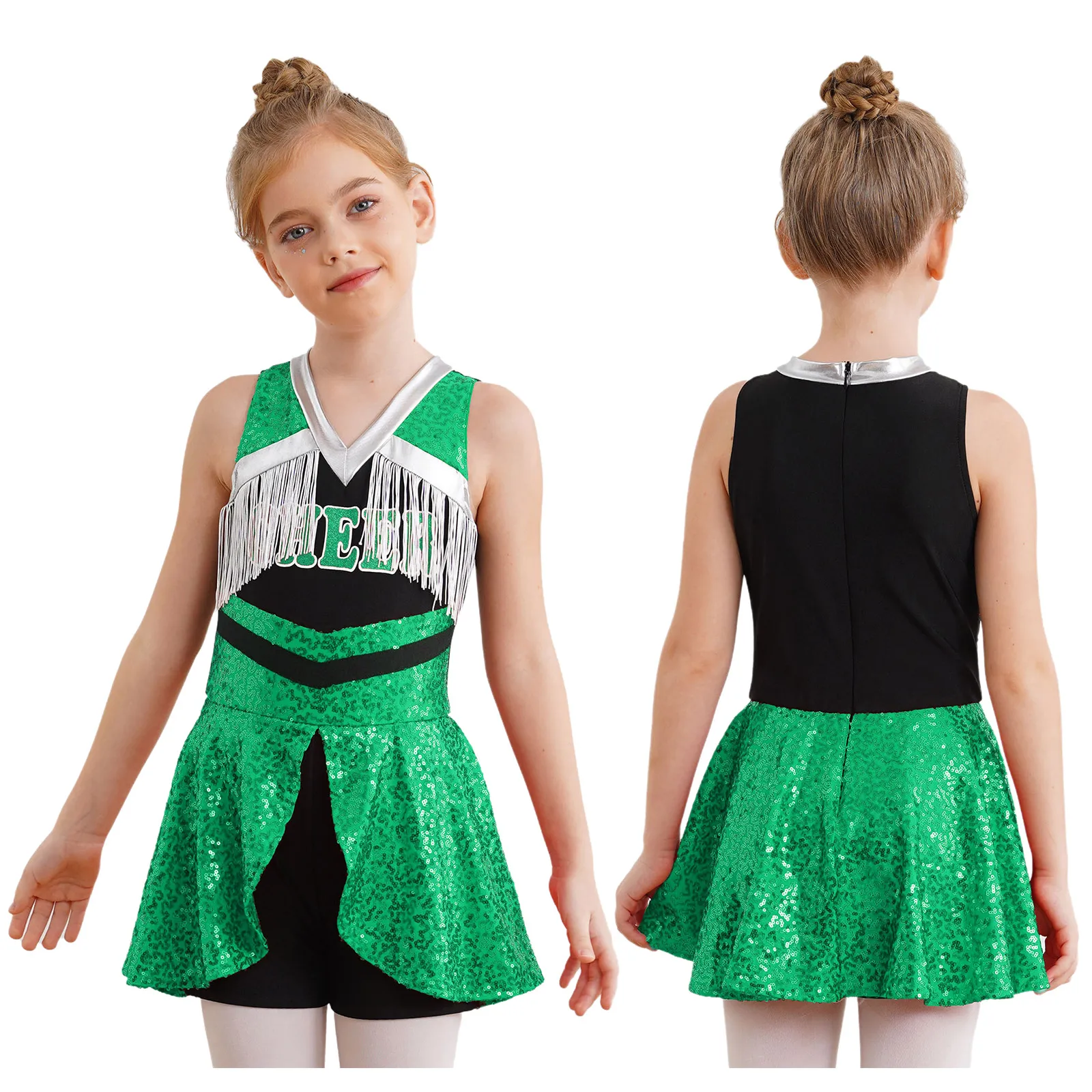 Girls Cheerleader Costume Cheerleading Uniform V Sequins Tassels Boyshorts Jumpsuitwith Cheer Leader Tassel Hand Flowers Props