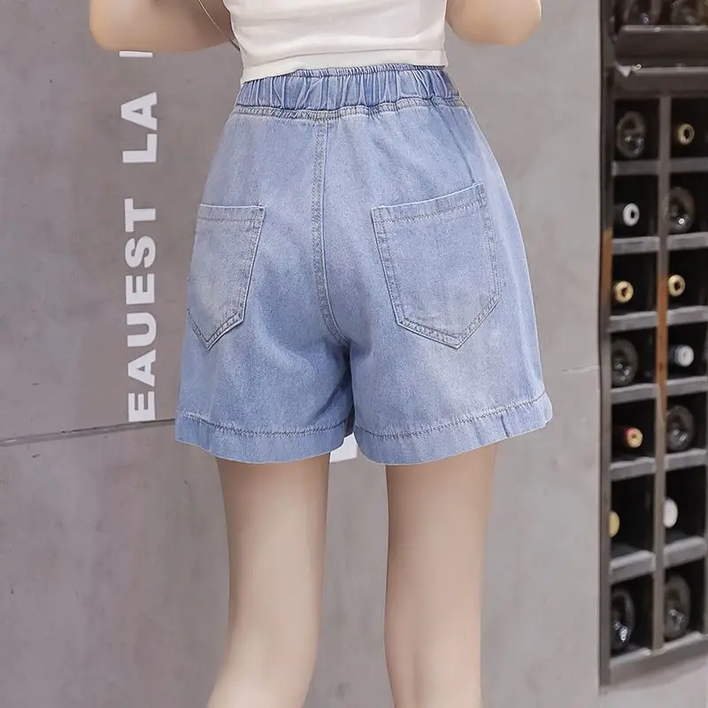 Fashion Elastic Lace Up Pockets Wide Leg Denim Shorts Female Clothing 2024 Summer New Loose High Waist Solid Color Casual Shorts