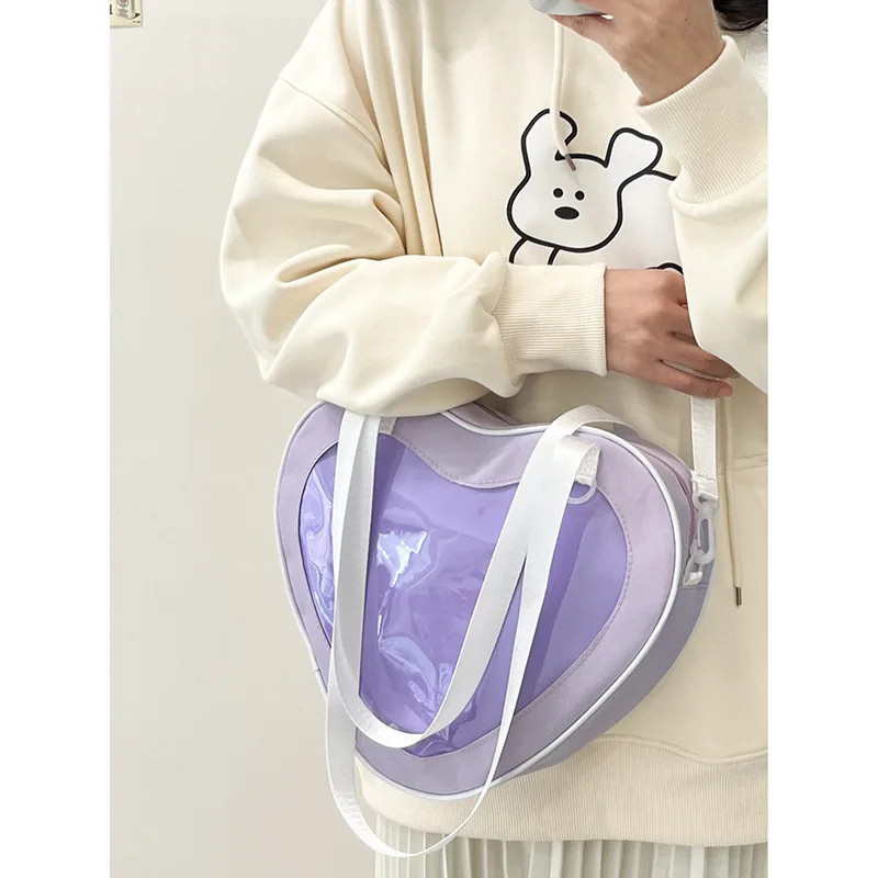 Fashion Women Transparent Shoulder Bag Love Heart Shaped Nylon Clear Bag Lady Girls Underarm Casual Travel Handbag Messenger