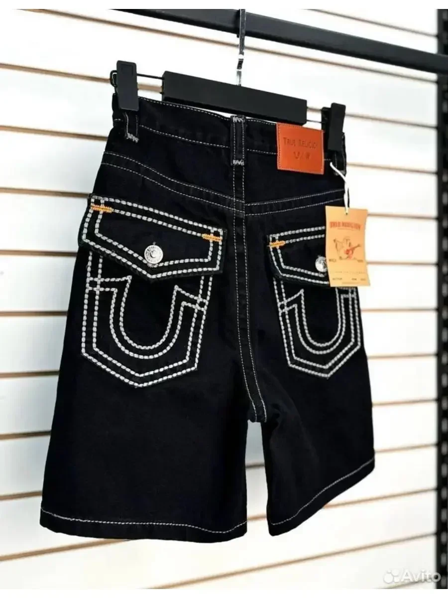 Y2k Washed Loose Denim Shorts Retro Pocket Embroidered Beach Pants Low Waist Garbage Shorts