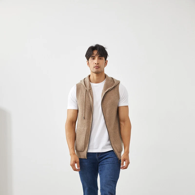 pure cashmere men's hooded vest, solid color knitted casual business men's cardigan, sleeveless sweater, autumn