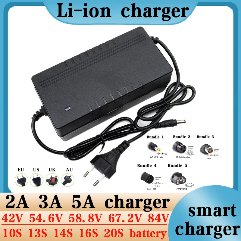 

42V 54.6V 58.8V 67.2V 84V 2A 3A 5A Lithium Battery Charger for 10S 13S 14S 16S 20S 36V 42V 48V 60V 72V ebike Scooter batter pack