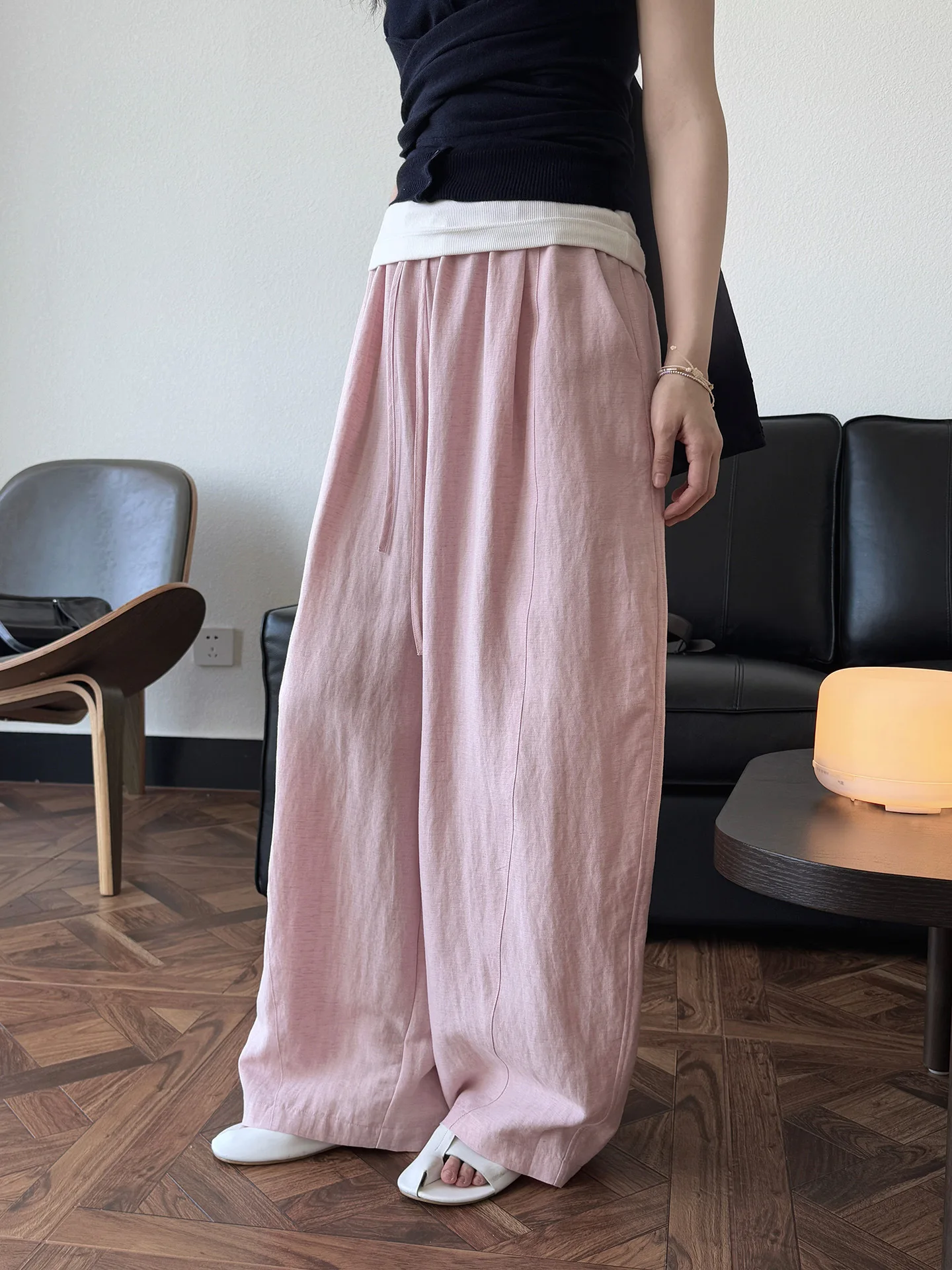 Spring and summer women's casual solid color high waist loose wide leg pants
