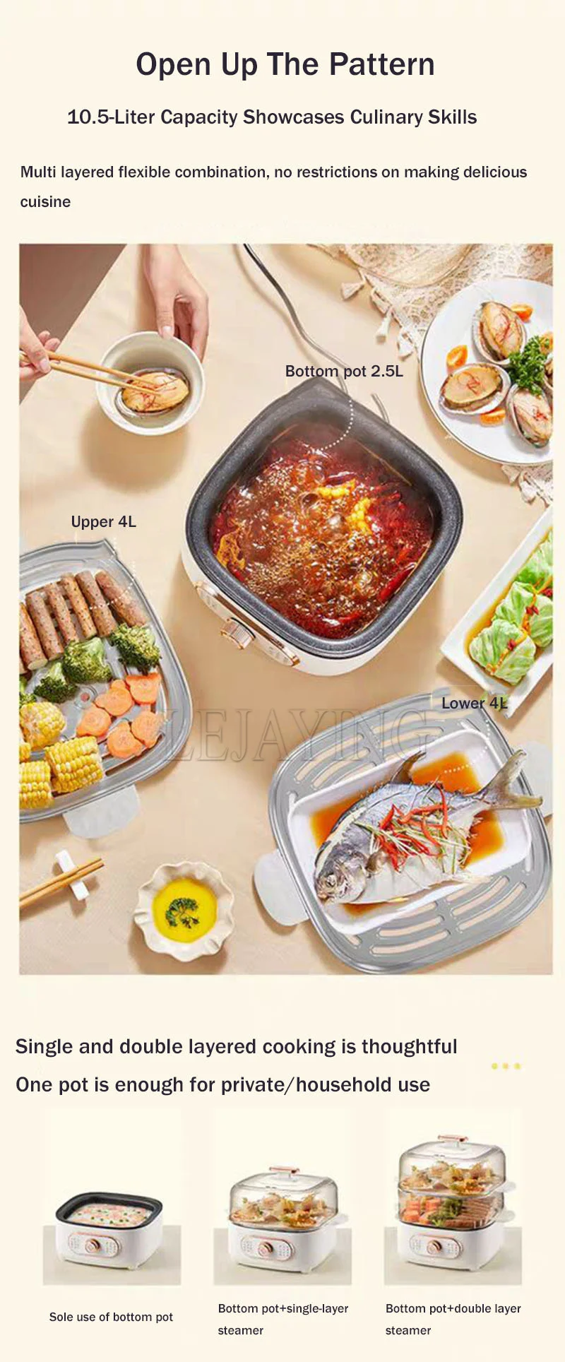 Description Picture 5 of itemSteamer Electric Steam Pot Cooking Steaming Home 2-Layer Transparent Food Dumplings Household Pan Warmer Multicooker 110V 220V