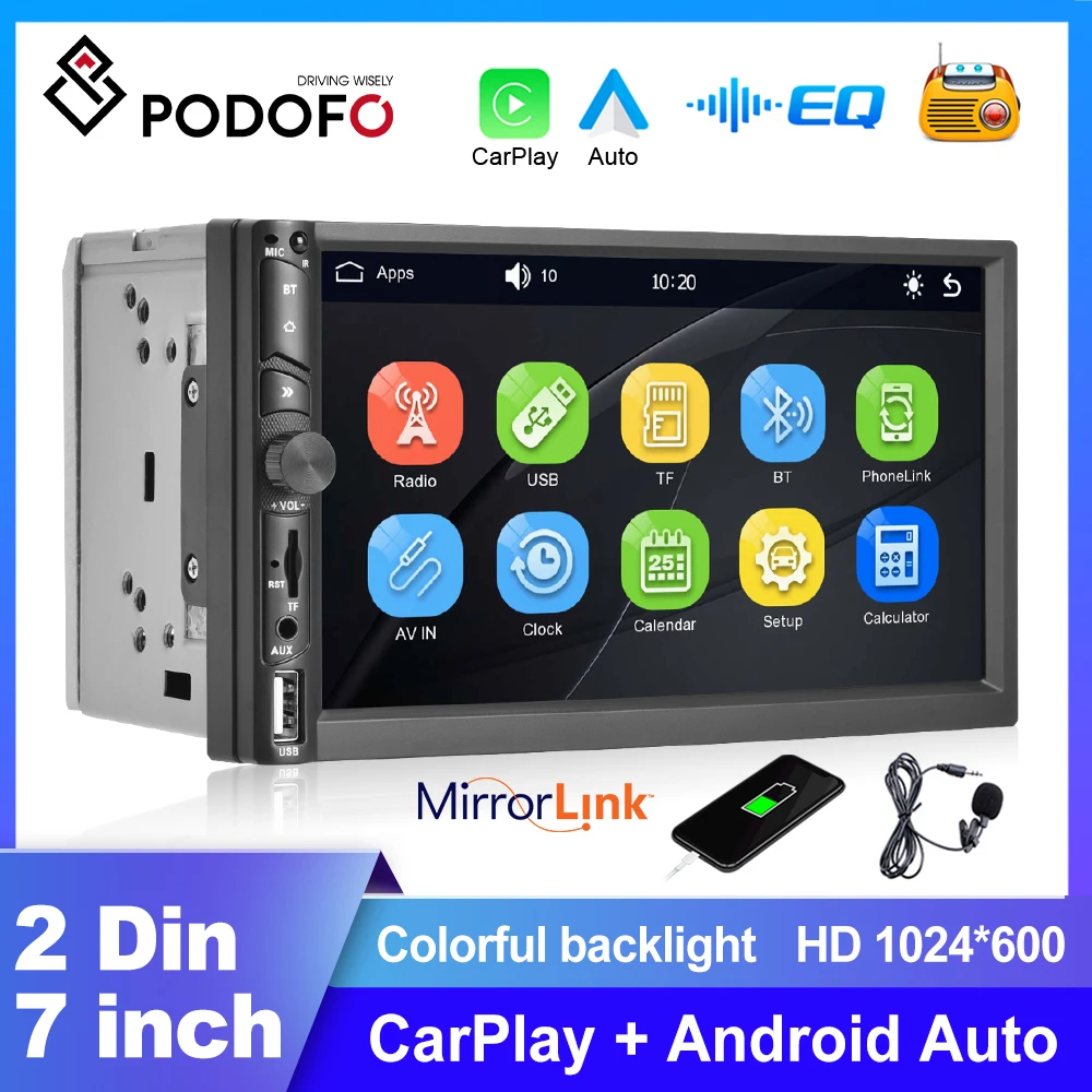 Podofo Double Din Car Mp5 Player 7 ''Carplay Autoradio Bluetooth Wifi Gps Ricevitore Radio Fm Tft Capacità Autoradio