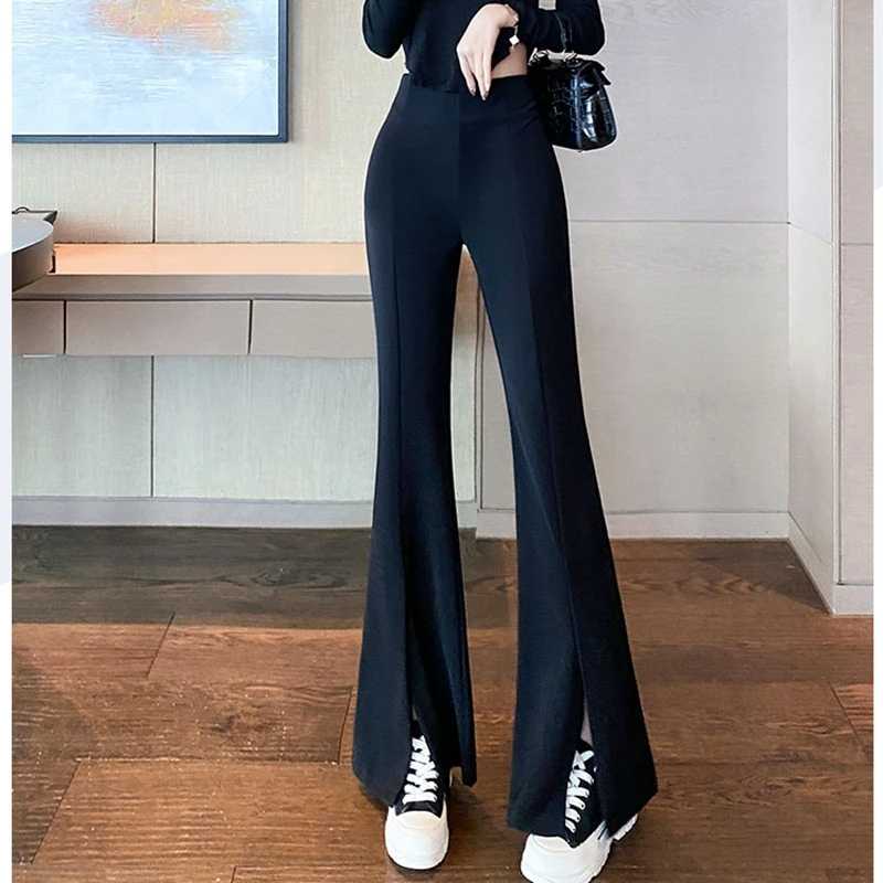 Sexy Slit Black Flare Pants for Women Suit Trousers Korean Style Casual  Office Lady Female High Waist Long Bell Bottom Pants XXL