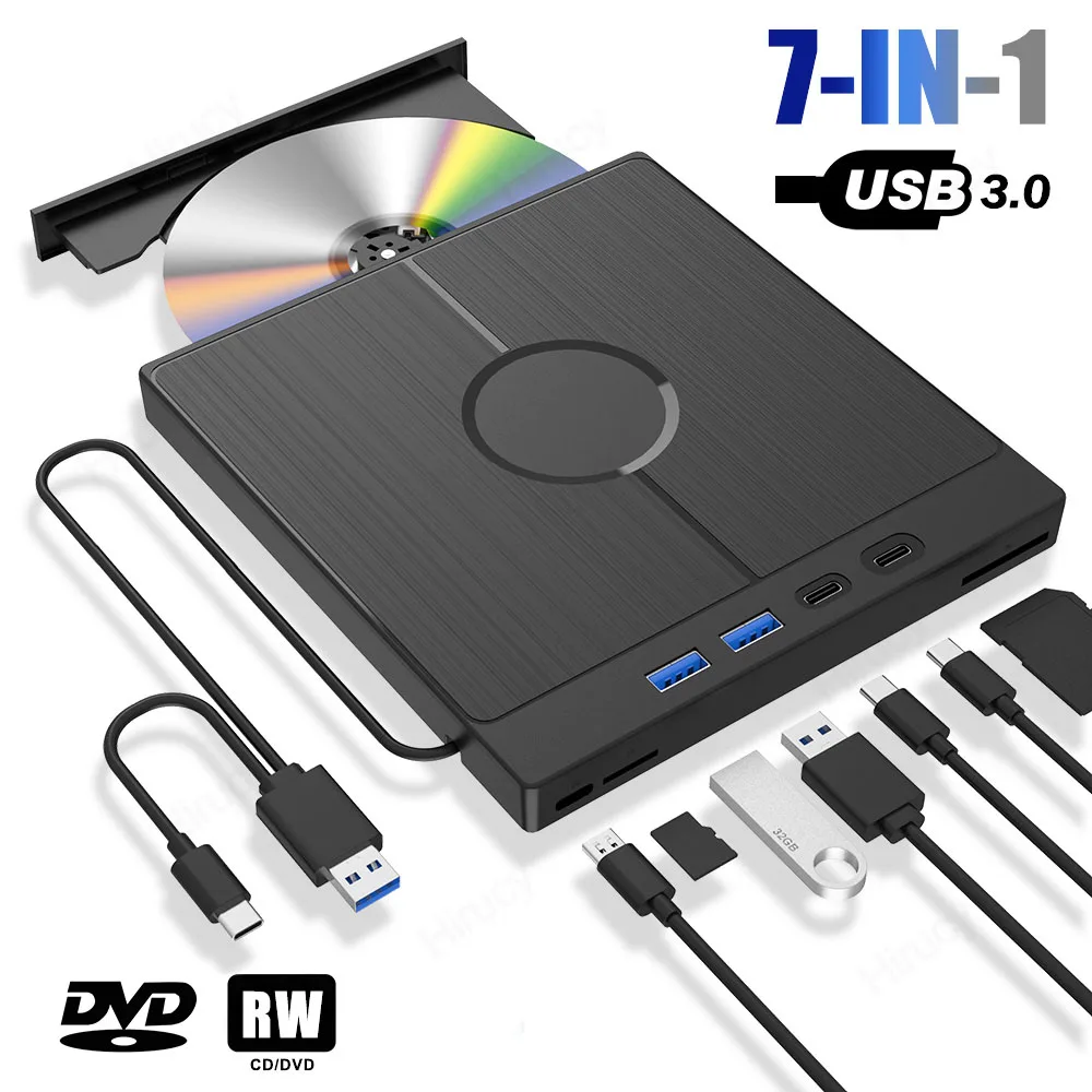 7-in-1 USB 3.0 Type C External CD DVD RW Optical Drive DVD Player Burner Reader Multi-Function Drive For Windows Mac PC Laptop Dvd Drive Dvd Writer External Optical Drive