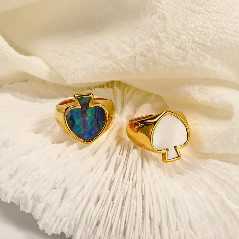 

Anniversary Gifts Fashion Abalone Shell Spades Ring For Women Girls Korean Style Stainless Steel Jewelry Free Shipping Items