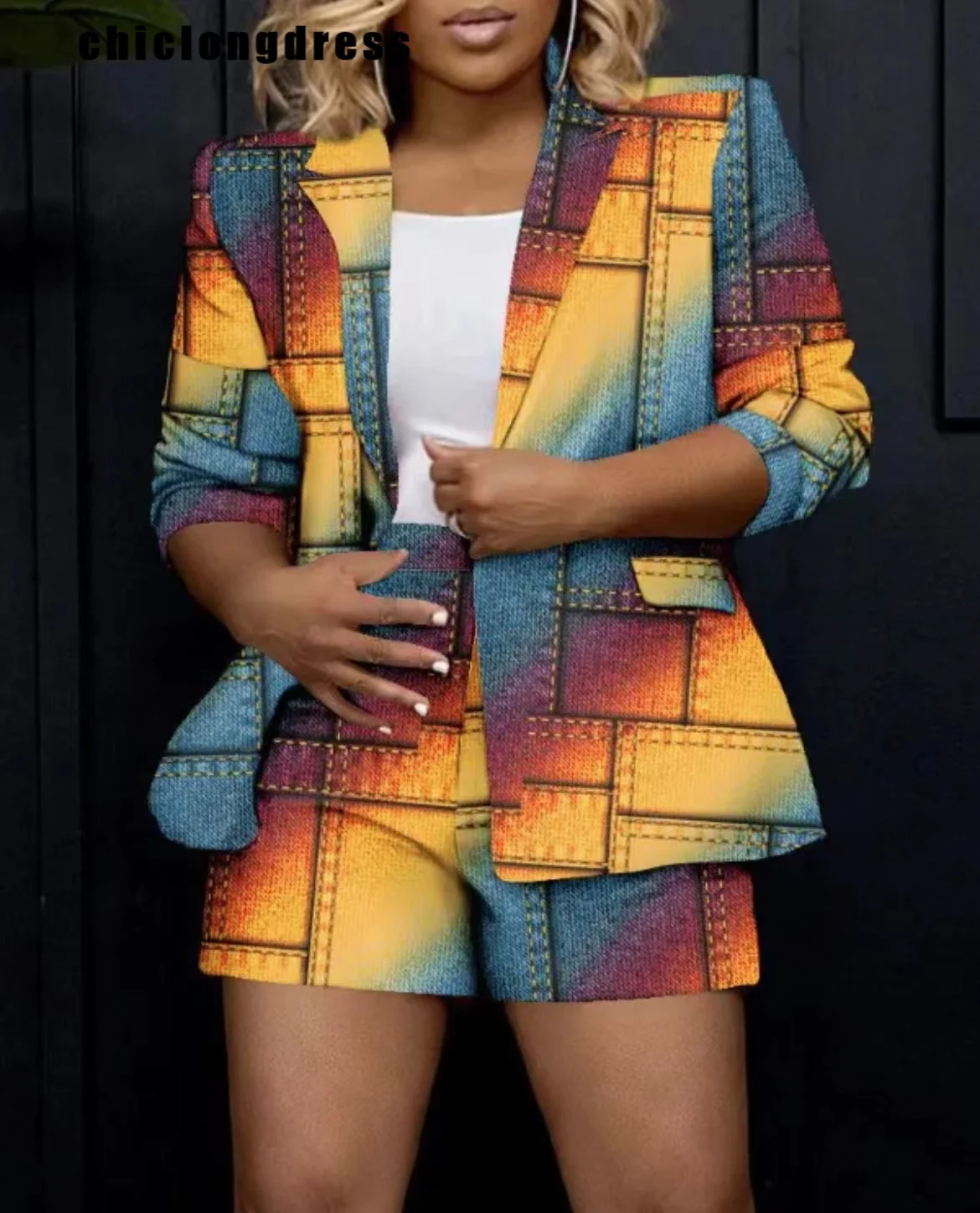 

Spring Autumn Fashion Printing Two Piece Set Women Causal OL Long Sleeve Blazer Shorts Two Piece Suit Women