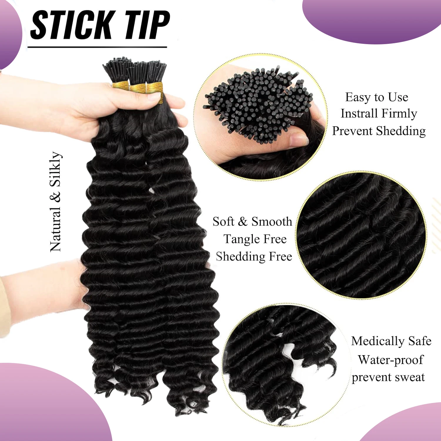 Microlink Deep Wave I Tip Human Hair Extension Pre Bonded Curly Brazilian Remy Hair Micro Stick I Tip Human Natural Black