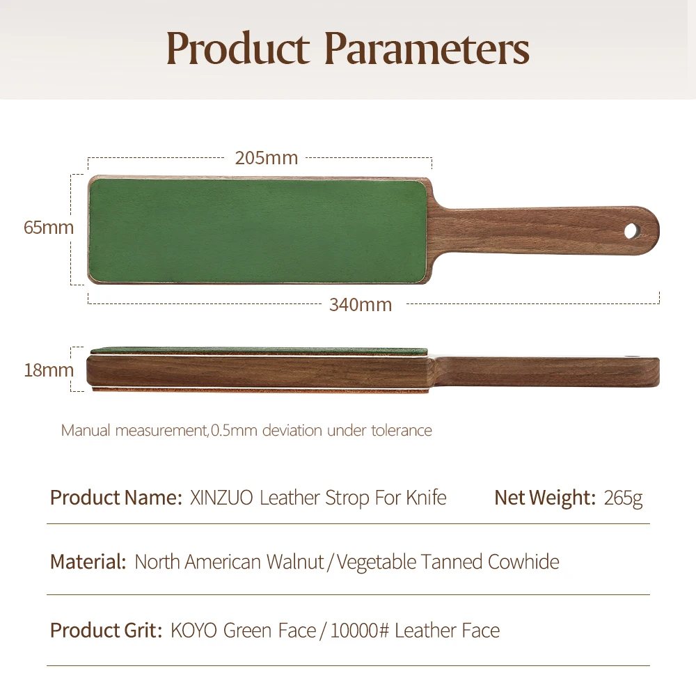 XINZUO 양면 가죽 숫돌, 야채 무두질 소가죽 나무 손잡이, 광택제 가죽 손잡이, 칼용 블록, 1 개
