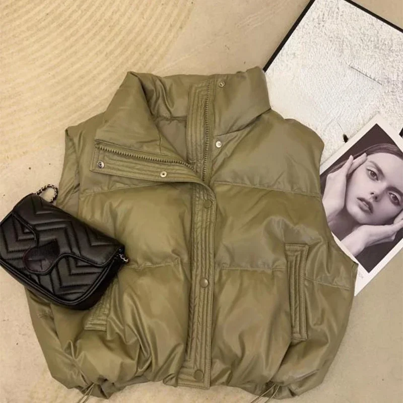 Korean Style Winter Female Vest Coats Sleeveless Stand Collar Zipper Button Fly Women's Cotton Jackets Solid Color Ladies Vests