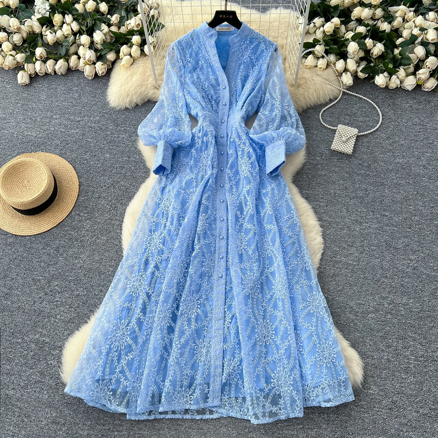 French Retro Elegant Dress for Women 2025 New High-End Style Stand up Collar Single Breasted Waist, Embroidered Mesh Long Dress 1