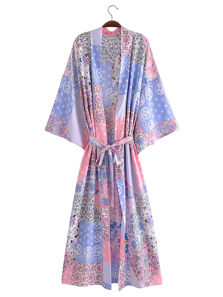 

Long Coat For Women 2023 Bohemian Vintage Patchwork Floral Print Kimono With Belt Long Sleeve Side Slit Hem Loose Robe Outerwear