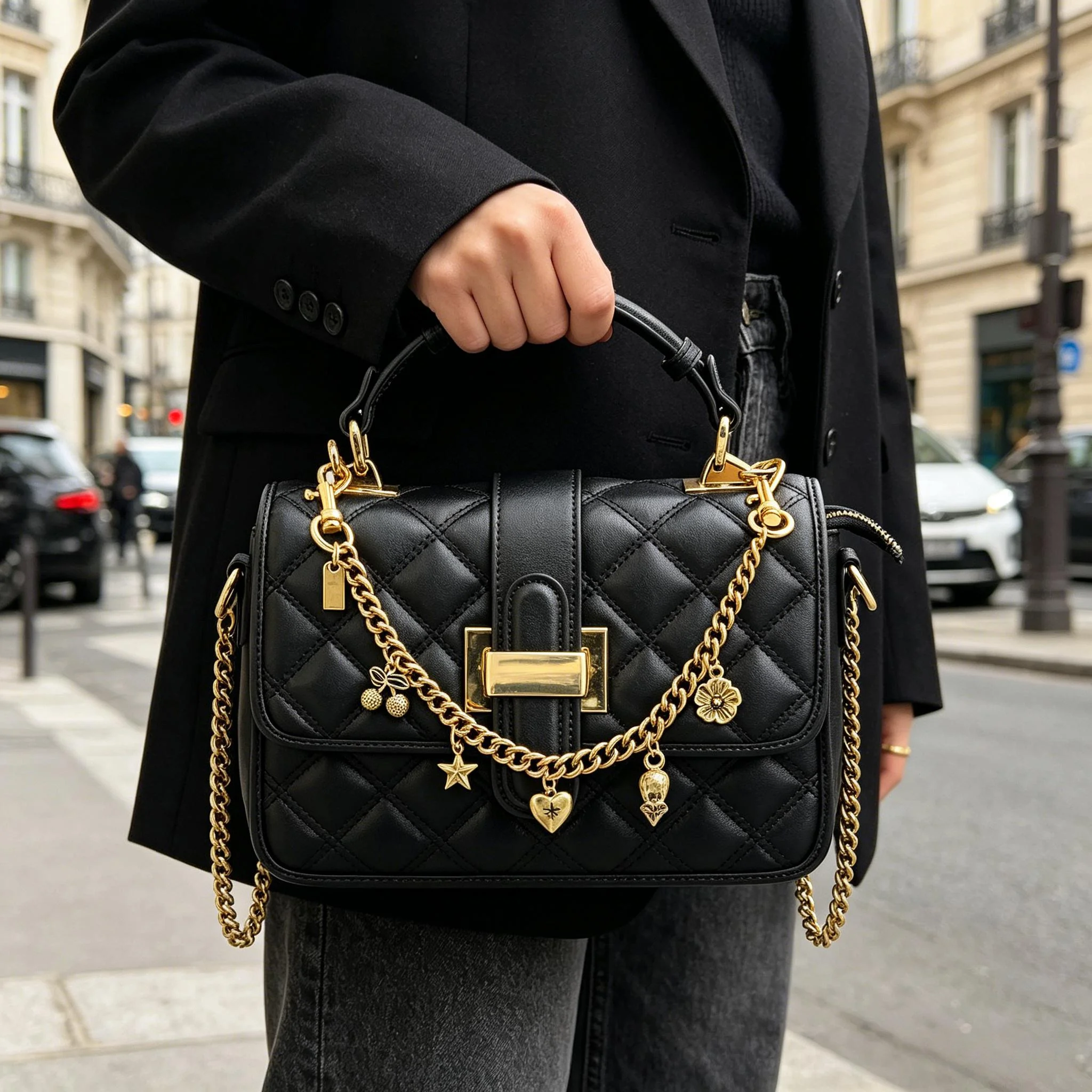 Y2K Multi-Charms Taschenkette mit Kirsch-, Herz-, Stern- und Blumenanhängern, Vintage Cuban Link Taschenanhänger, Abnehmbares Handtaschen-Accessoire, Geschenk