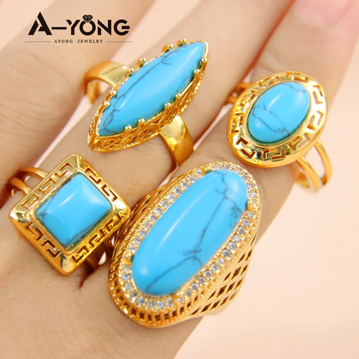 Luxus Türkis vergoldete Ringe 21 Karat Gold Farbe Saudi Mode großen Ring Dubai Frauen Hochzeits feier Vintage Schmuck – Detail 2